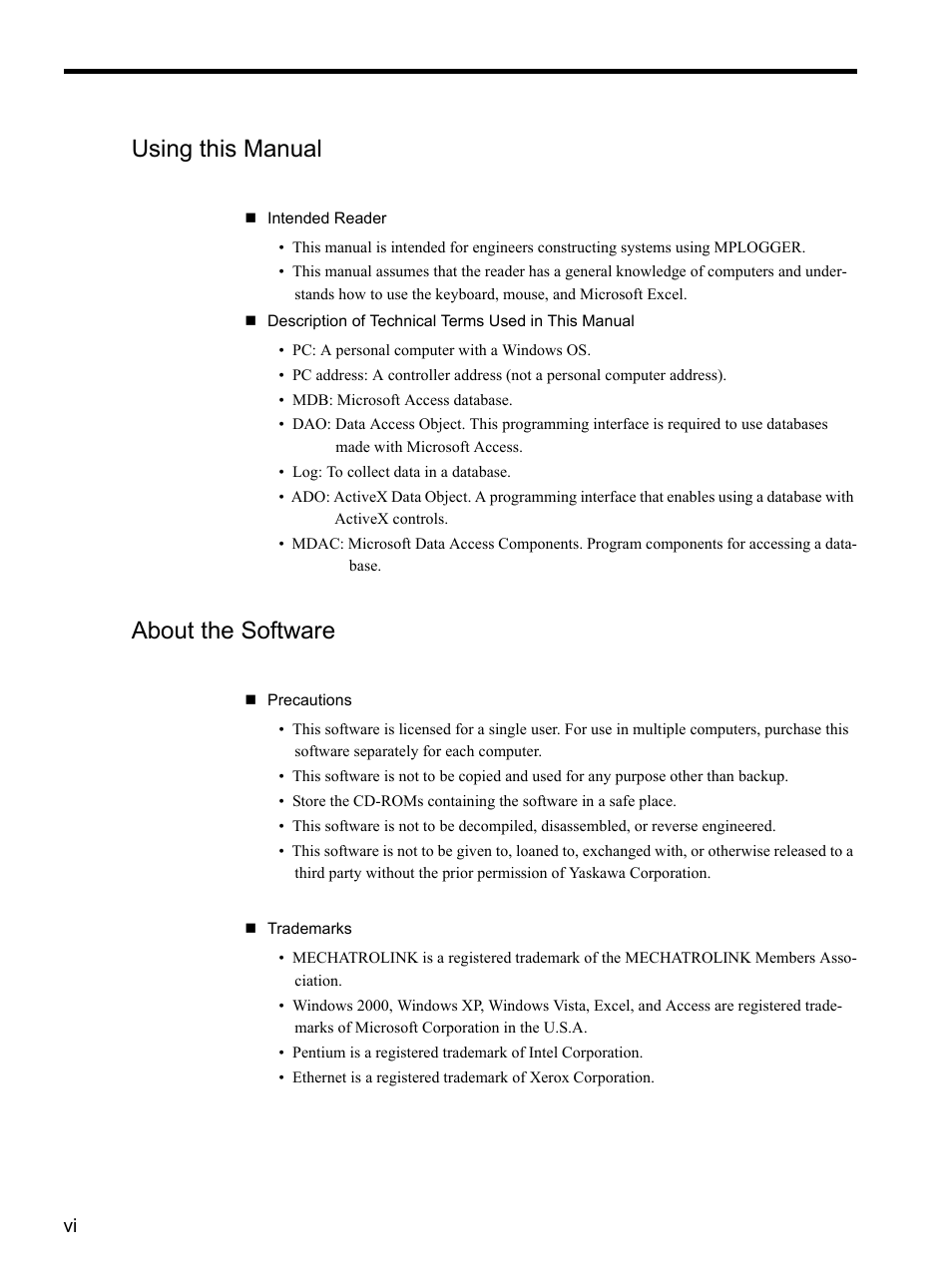 Using this manual, About the software | Yaskawa MP900 Series MPLOGGER User Manual | Page 6 / 126