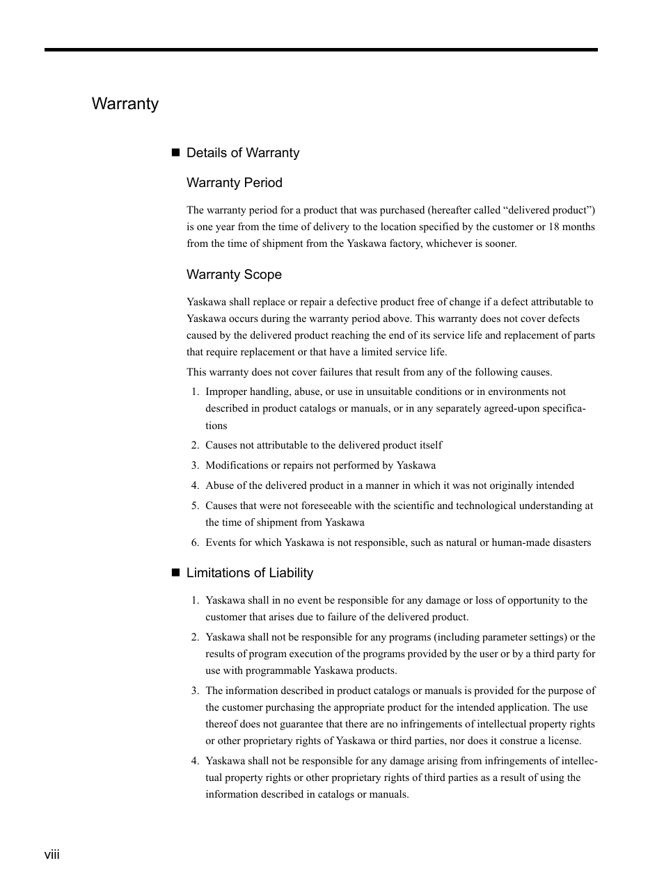 Warranty | Yaskawa MP900 Series MPLOGGER User Manual | Page 8 / 126