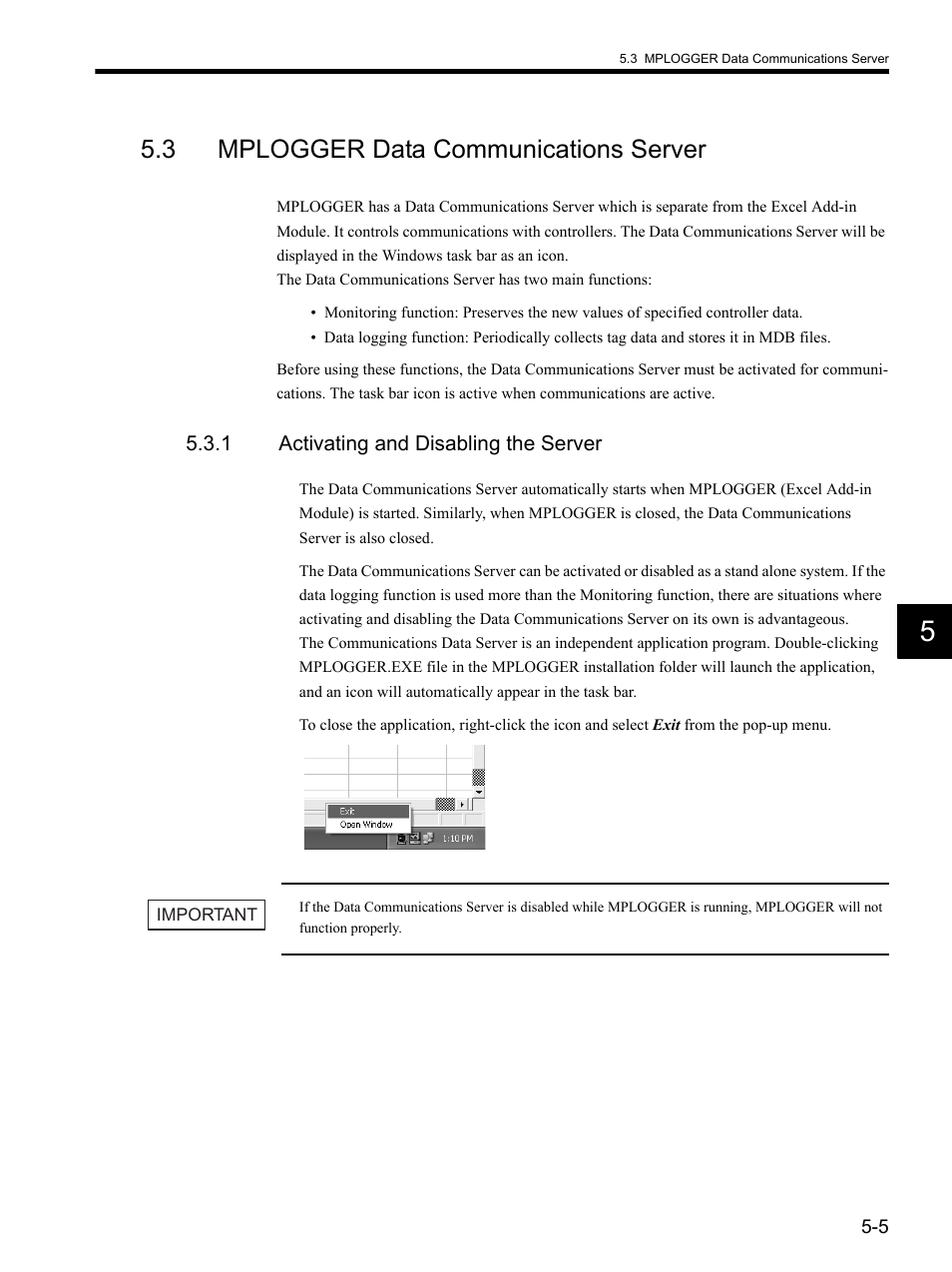 3 mplogger data communications server, 1 activating and disabling the server | Yaskawa MP900 Series MPLOGGER User Manual | Page 81 / 126