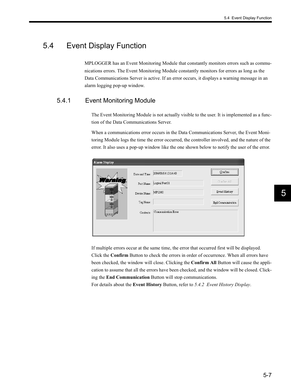 4 event display function, 1 event monitoring module | Yaskawa MP900 Series MPLOGGER User Manual | Page 83 / 126