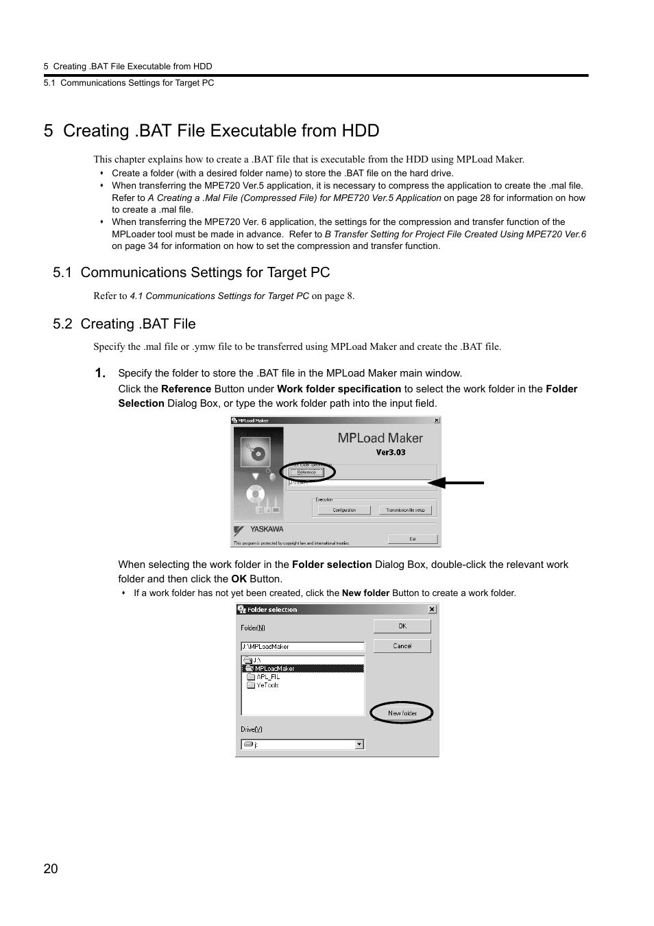 5 creating .bat file executable from hdd, 1 communications settings for target pc, 2 creating .bat file | Yaskawa MPLoad Maker User Manual | Page 20 / 38