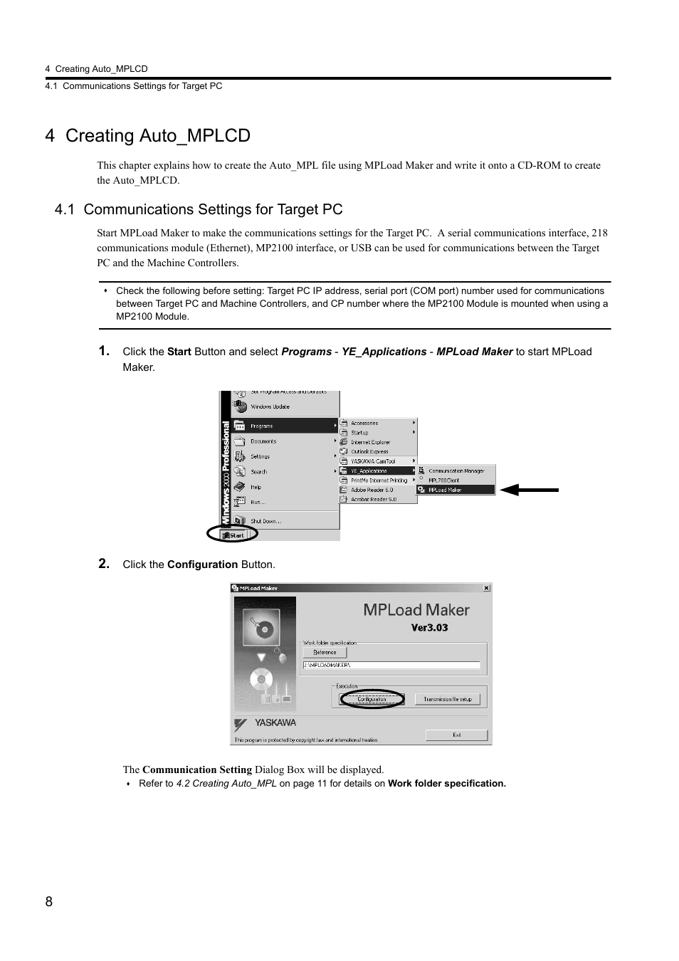 4 creating auto_mplcd, 1 communications settings for target pc | Yaskawa MPLoad Maker User Manual | Page 8 / 38
