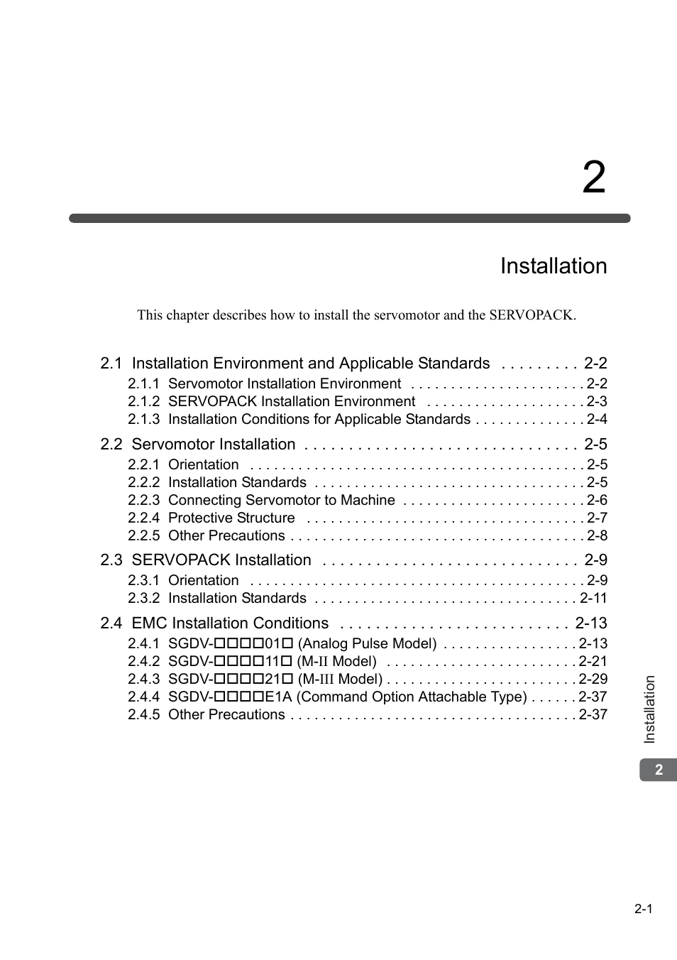 2 installation, Installation | Yaskawa Sigma-5 User Manual: Setup for Rotary Motors User Manual | Page 22 / 113