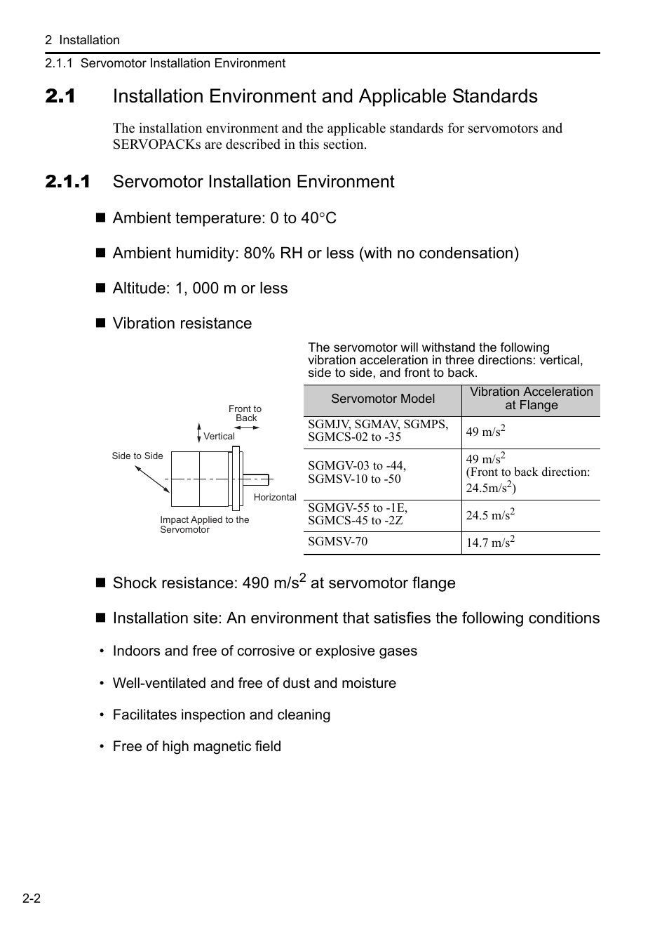 1 servomotor installation environment | Yaskawa Sigma-5 User Manual: Setup for Rotary Motors User Manual | Page 23 / 113