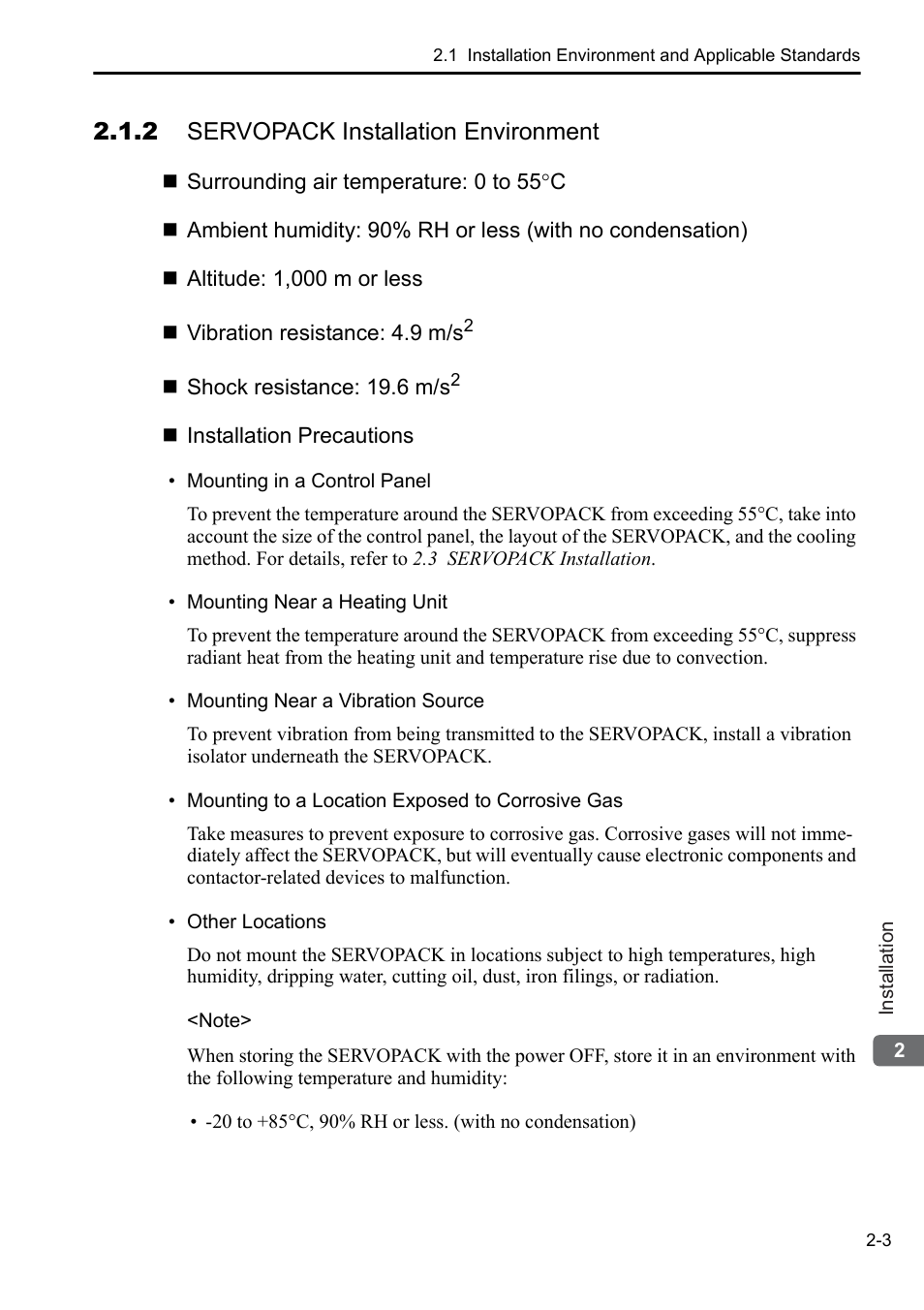 2 servopack installation environment | Yaskawa Sigma-5 User Manual: Setup for Rotary Motors User Manual | Page 24 / 113