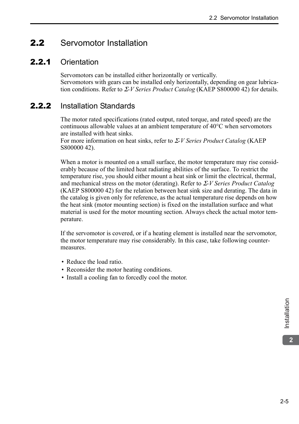 2 servomotor installation, 1 orientation, 2 installation standards | Yaskawa Sigma-5 User Manual: Setup for Rotary Motors User Manual | Page 26 / 113