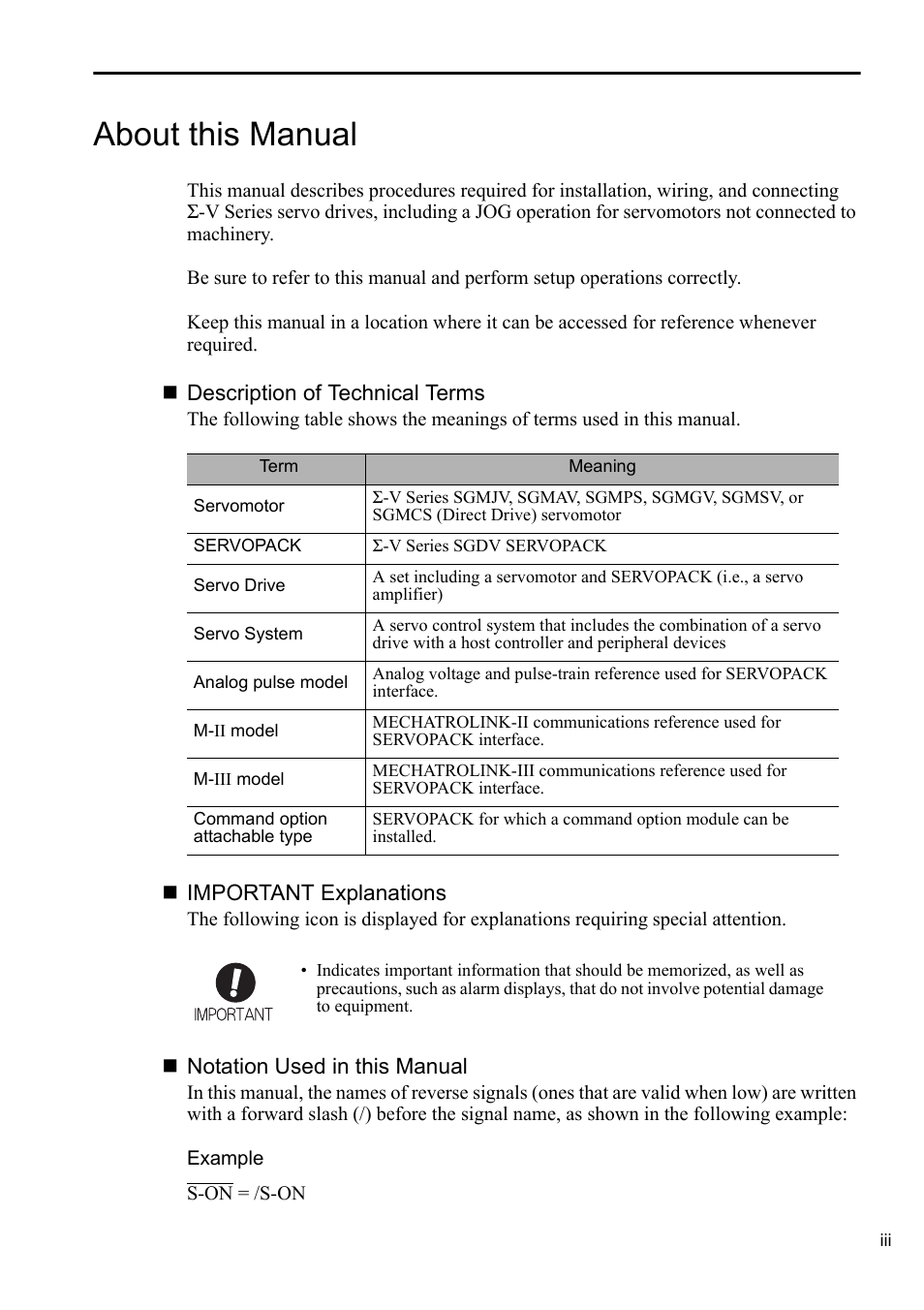 About this manual | Yaskawa Sigma-5 User Manual: Setup for Rotary Motors User Manual | Page 3 / 113