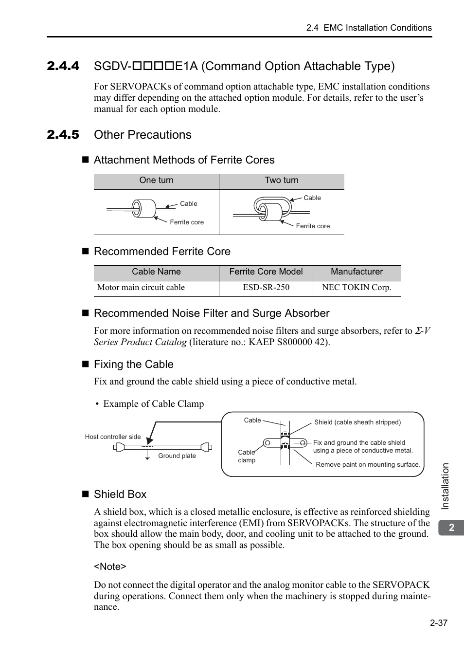 4 sgdv-****e1a (command option attachable type), 5 other precautions, 4 sgdv-e1a (command option attachable type) | Fixing the cable, Shield box | Yaskawa Sigma-5 User Manual: Setup for Rotary Motors User Manual | Page 58 / 113