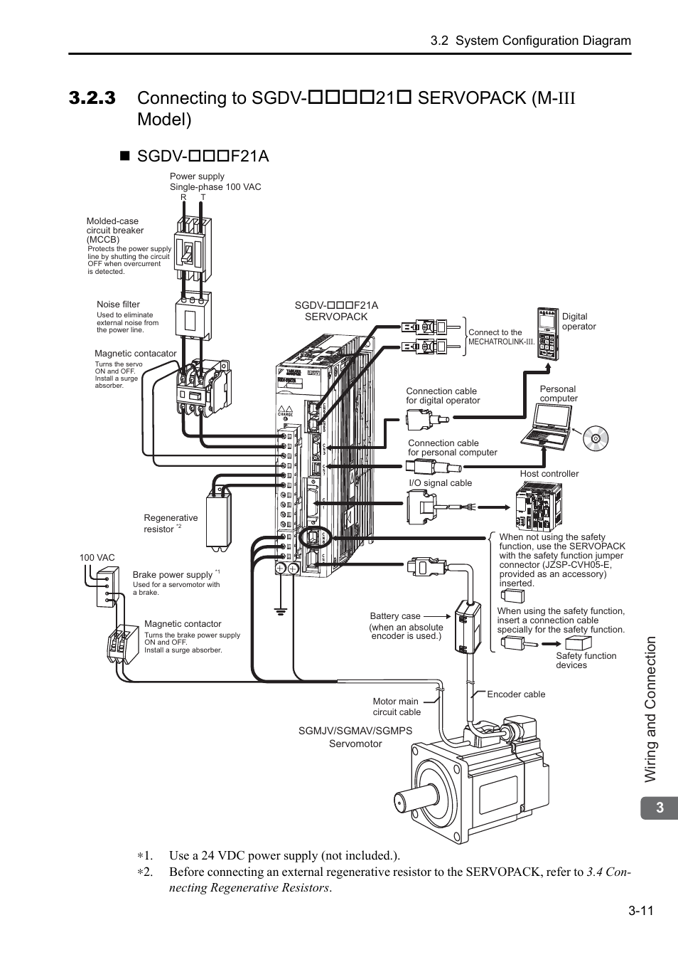 3 connecting to sgdv, Servopack (m-iii model), Sgdv-f21a | 3wiring and connection, 2 system configuration diagram 3-11 | Yaskawa Sigma-5 User Manual: Setup for Rotary Motors User Manual | Page 69 / 113