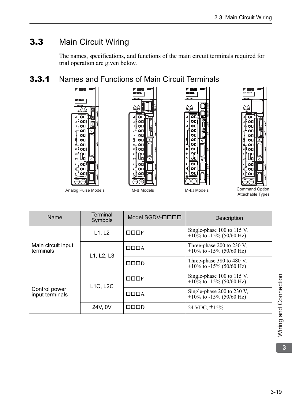 3 main circuit wiring, 1 names and functions of main circuit terminals | Yaskawa Sigma-5 User Manual: Setup for Rotary Motors User Manual | Page 77 / 113