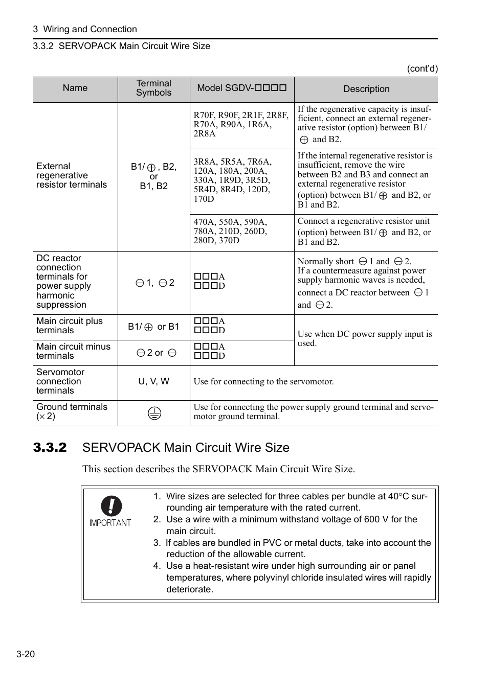 2 servopack main circuit wire size | Yaskawa Sigma-5 User Manual: Setup for Rotary Motors User Manual | Page 78 / 113