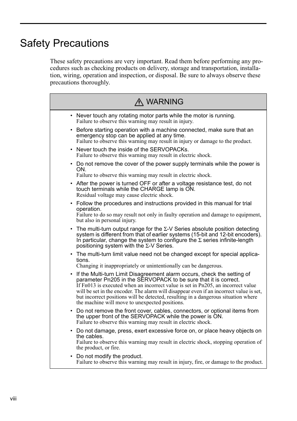 Safety precautions, Warning | Yaskawa Sigma-5 User Manual: Setup for Rotary Motors User Manual | Page 8 / 113