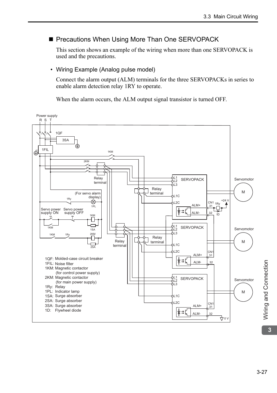 Precautions when using more than one servopack, 3wiring and connection, 3 main circuit wiring 3-27 | Yaskawa Sigma-5 User Manual: Setup for Rotary Motors User Manual | Page 85 / 113