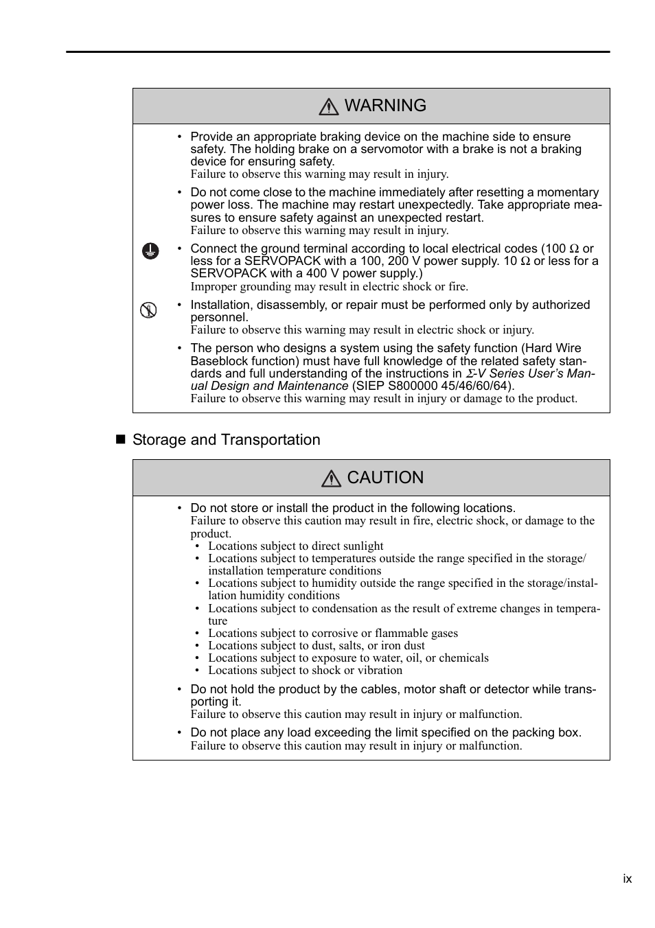 Warning caution, Storage and transportation | Yaskawa Sigma-5 User Manual: Setup for Rotary Motors User Manual | Page 9 / 113