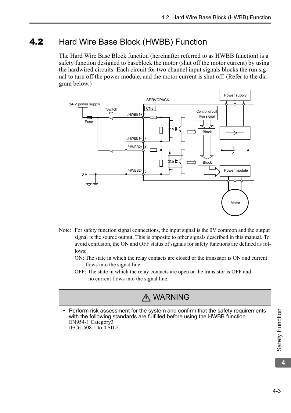 2 hard wire base block (hwbb) function, Warning, 4safety function | Yaskawa Sigma-5 User Manual: Setup for Rotary Motors User Manual | Page 94 / 113