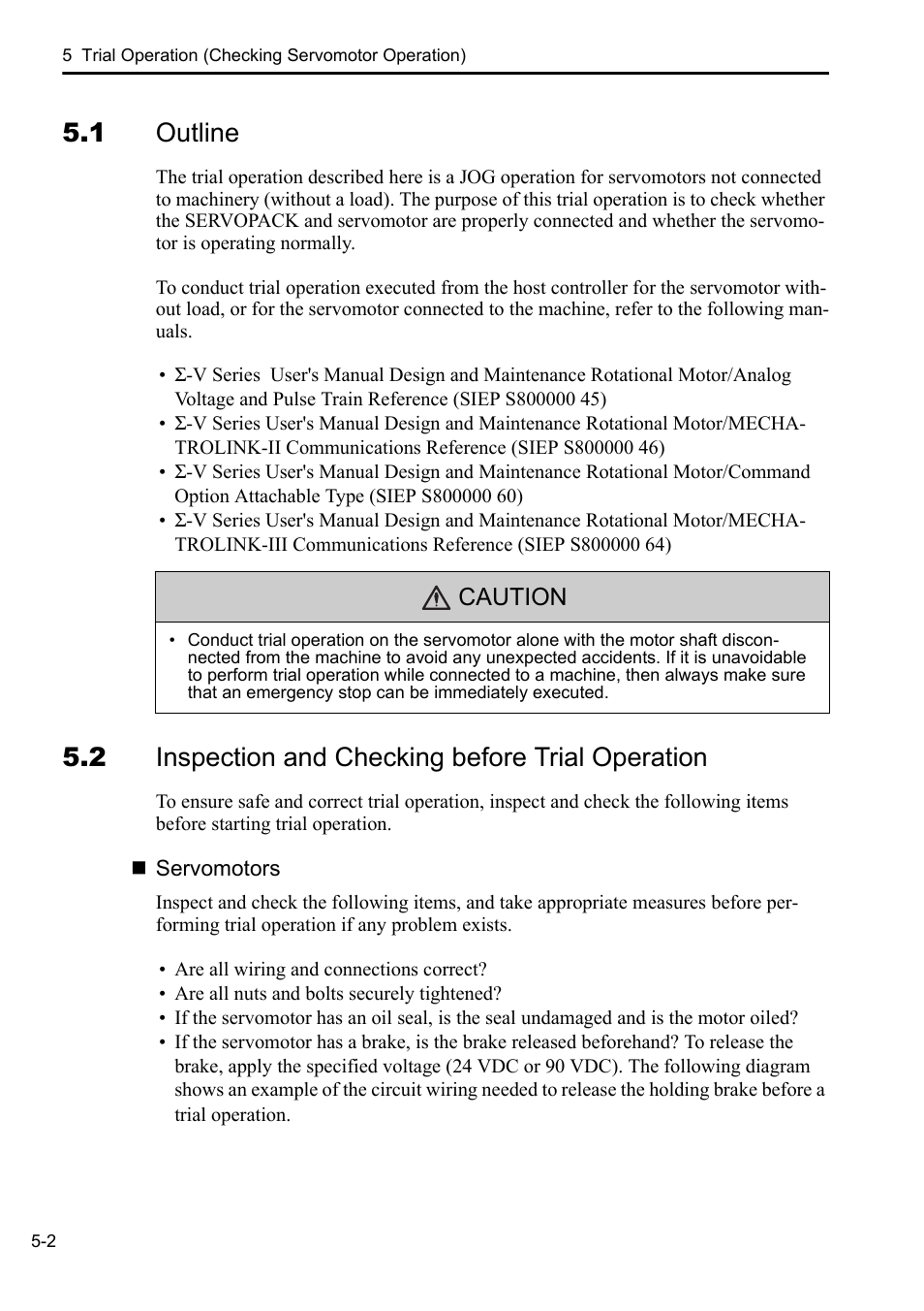 1 outline, 2 inspection and checking before trial operation | Yaskawa Sigma-5 User Manual: Setup for Rotary Motors User Manual | Page 99 / 113
