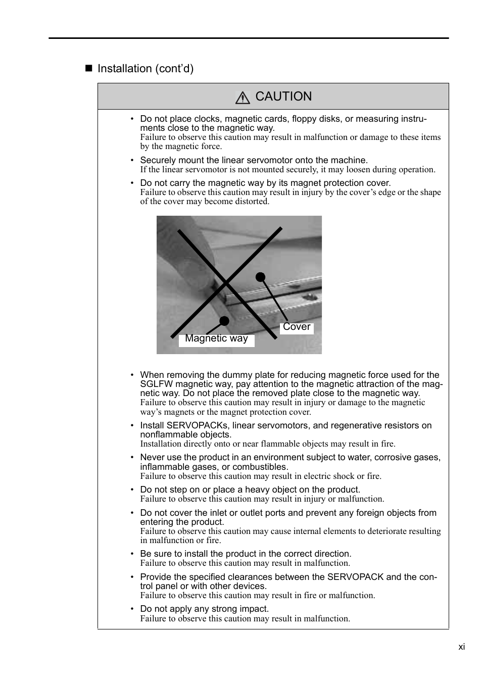 Caution, Installation (cont’d) | Yaskawa Sigma-5 User Manual: Setup for Linear Motors User Manual | Page 11 / 175