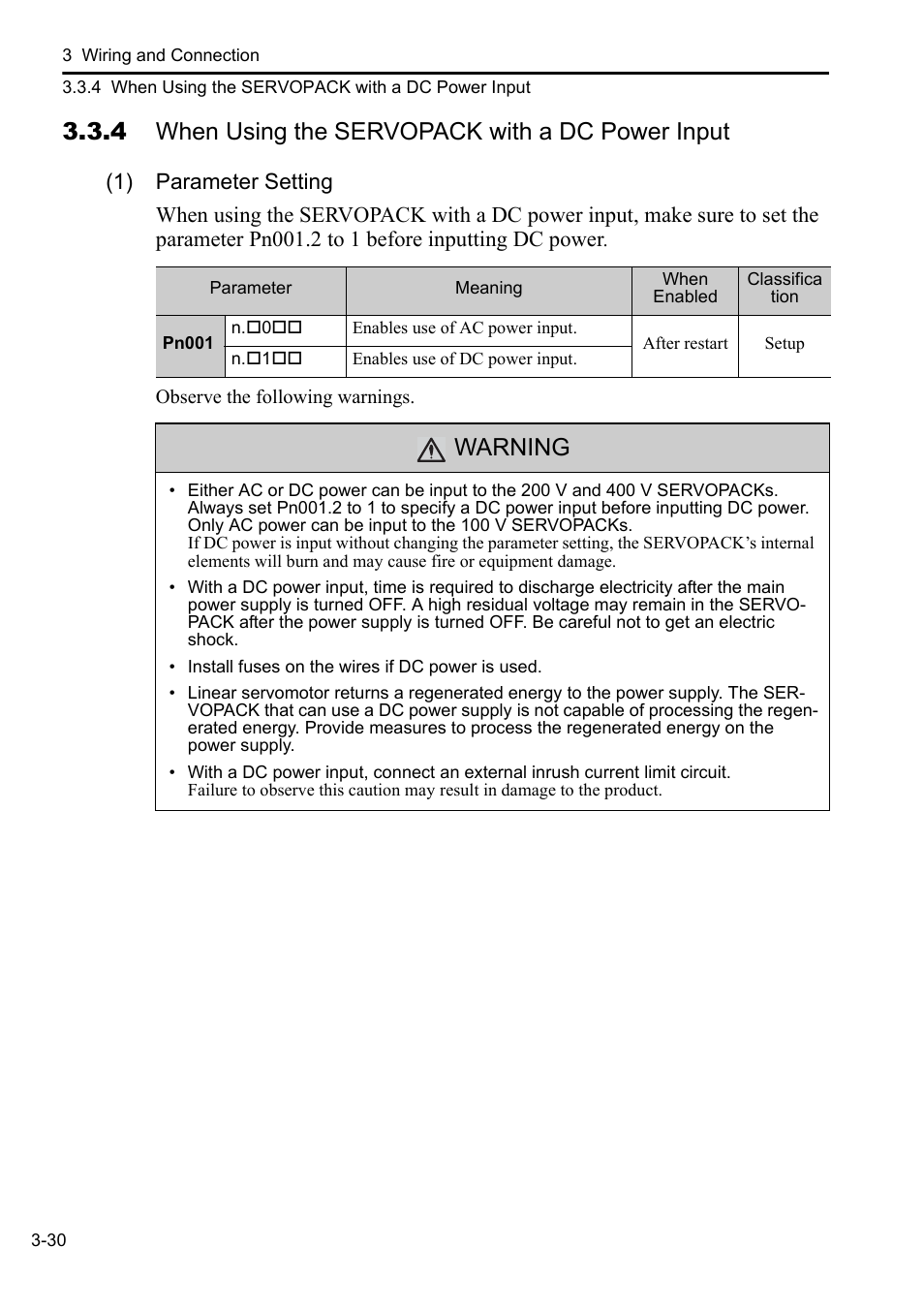 4 when using the servopack with a dc power input, Warning | Yaskawa Sigma-5 User Manual: Setup for Linear Motors User Manual | Page 114 / 175