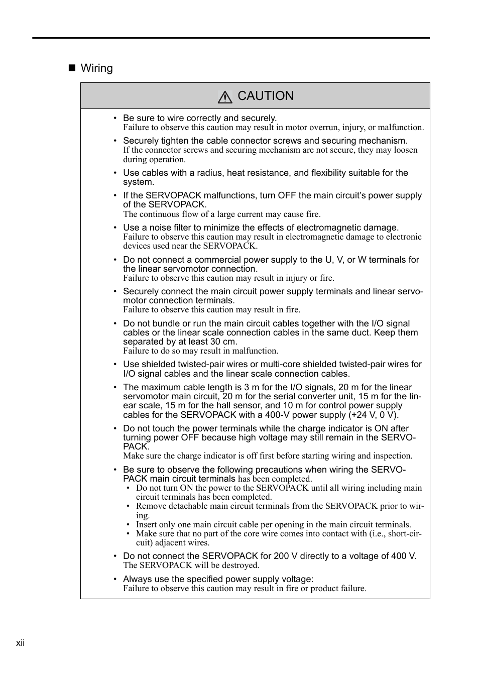 Caution, Wiring | Yaskawa Sigma-5 User Manual: Setup for Linear Motors User Manual | Page 12 / 175