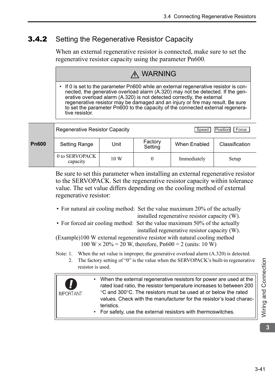 2 setting the regenerative resistor capacity, Warning | Yaskawa Sigma-5 User Manual: Setup for Linear Motors User Manual | Page 125 / 175