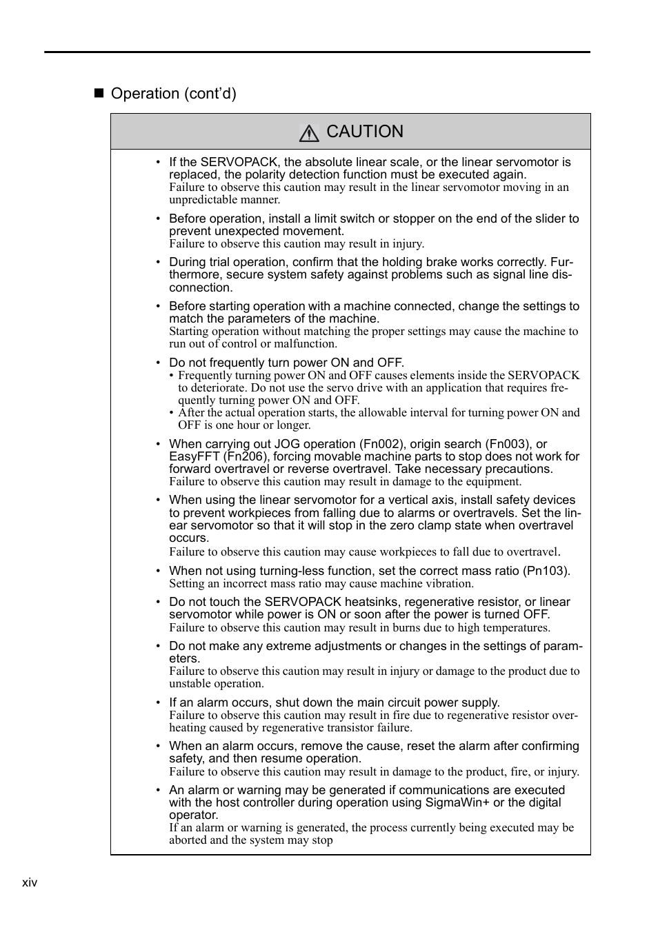 Caution, Operation (cont’d) | Yaskawa Sigma-5 User Manual: Setup for Linear Motors User Manual | Page 14 / 175