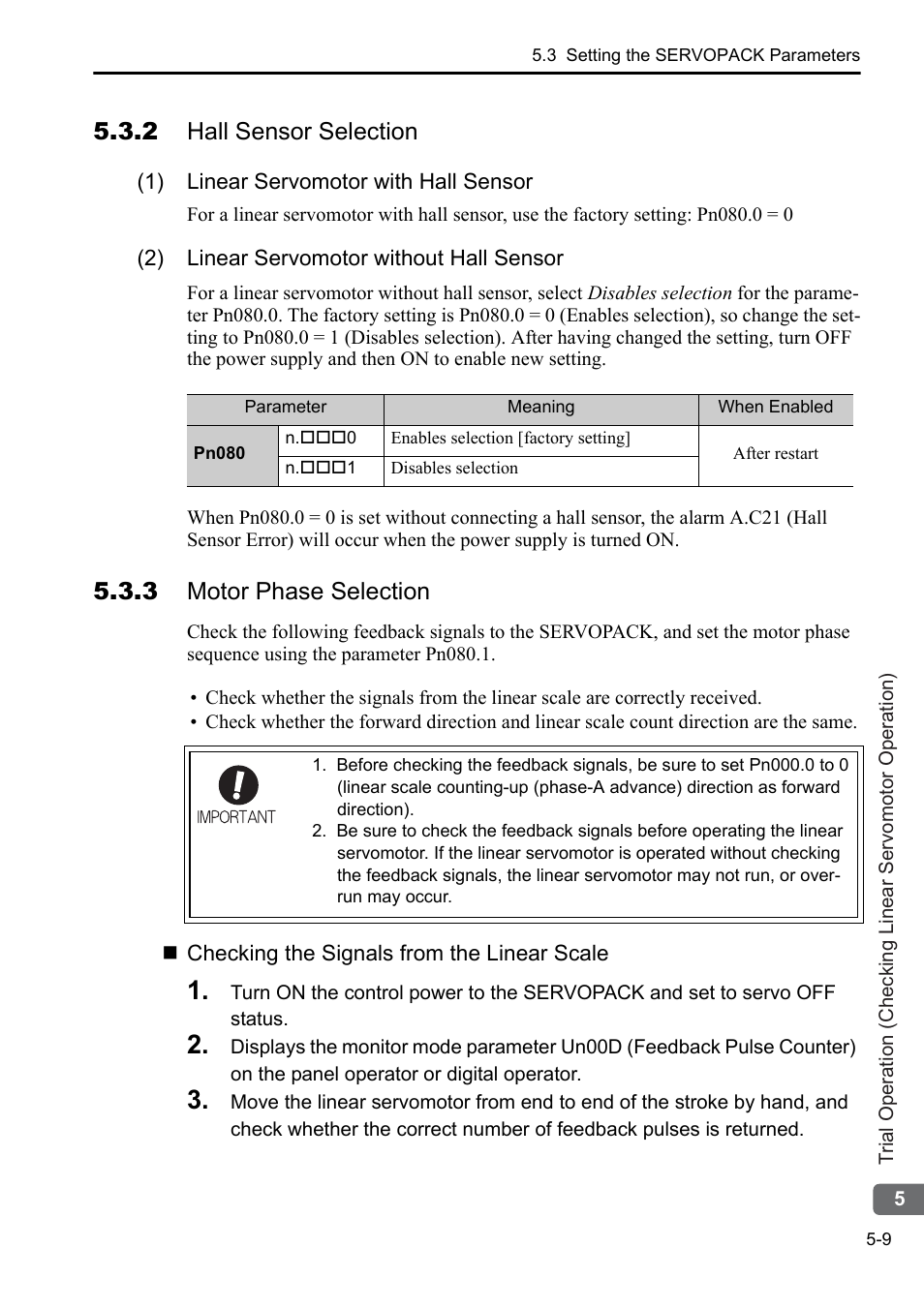 2 hall sensor selection, 3 motor phase selection | Yaskawa Sigma-5 User Manual: Setup for Linear Motors User Manual | Page 145 / 175
