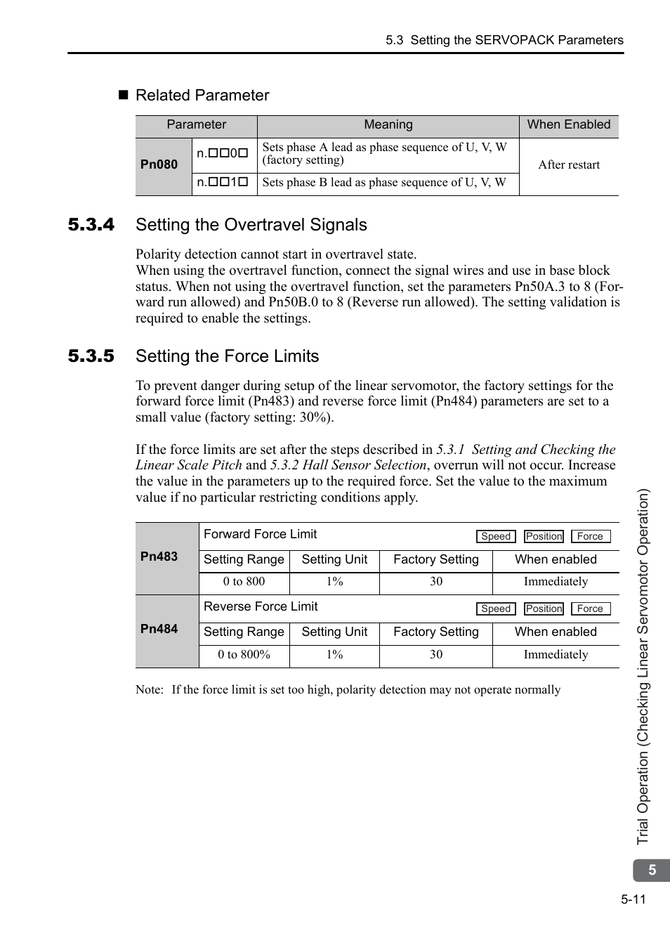 4 setting the overtravel signals, 5 setting the force limits, Related parameter | Yaskawa Sigma-5 User Manual: Setup for Linear Motors User Manual | Page 147 / 175