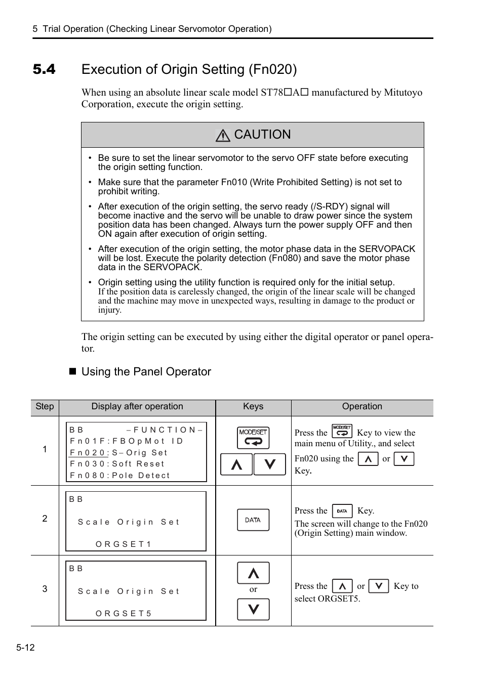 4 execution of origin setting (fn020), Caution | Yaskawa Sigma-5 User Manual: Setup for Linear Motors User Manual | Page 148 / 175
