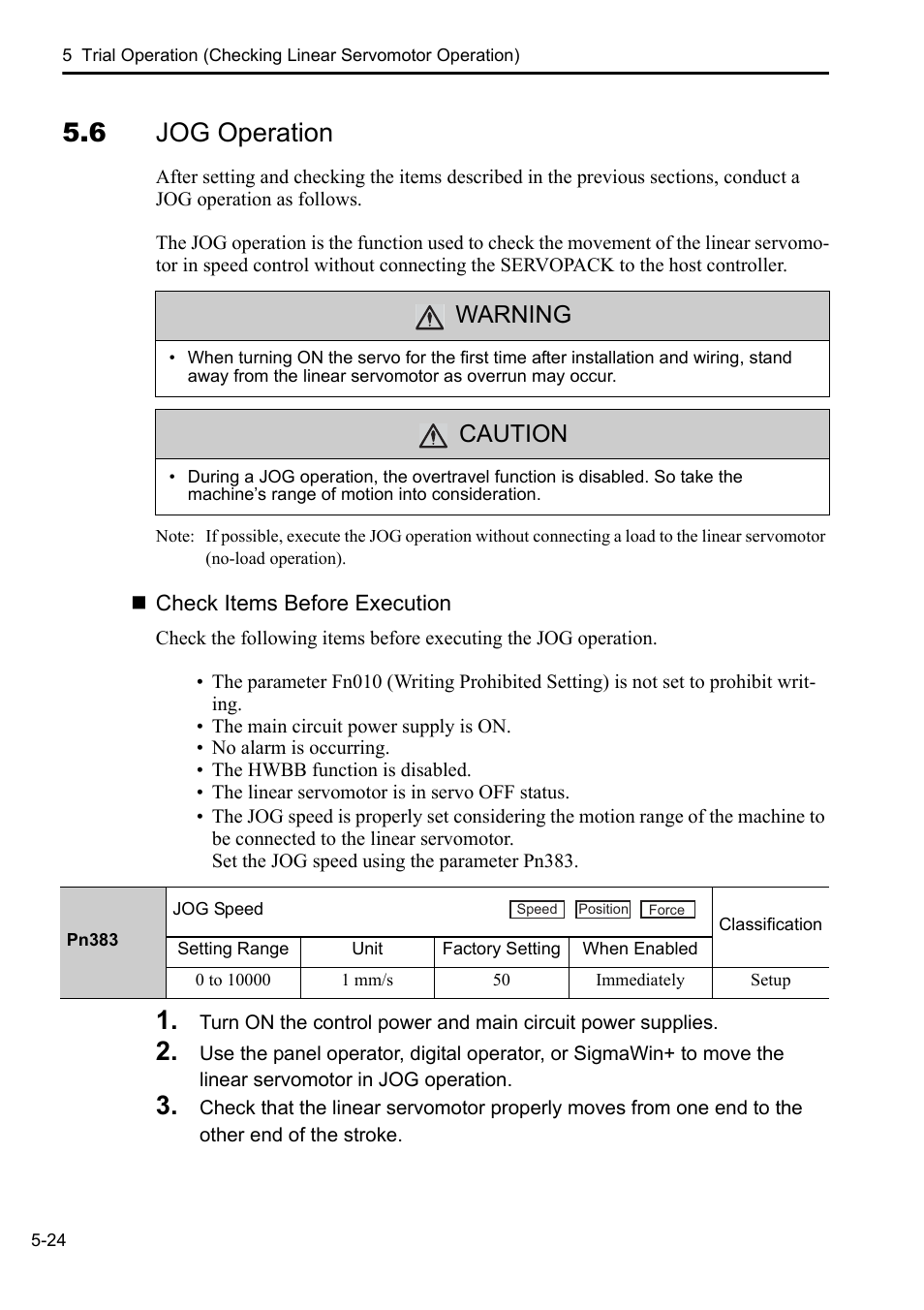 6 jog operation, Warning, Caution | Yaskawa Sigma-5 User Manual: Setup for Linear Motors User Manual | Page 160 / 175