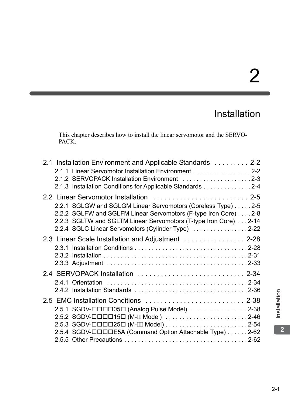 2 installation, Installation | Yaskawa Sigma-5 User Manual: Setup for Linear Motors User Manual | Page 23 / 175