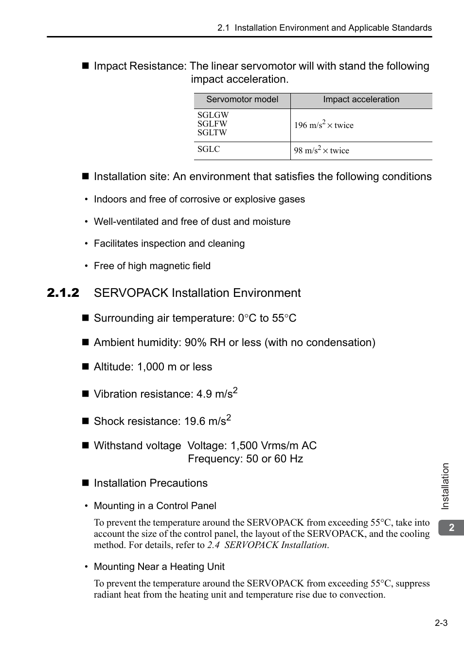 2 servopack installation environment | Yaskawa Sigma-5 User Manual: Setup for Linear Motors User Manual | Page 25 / 175