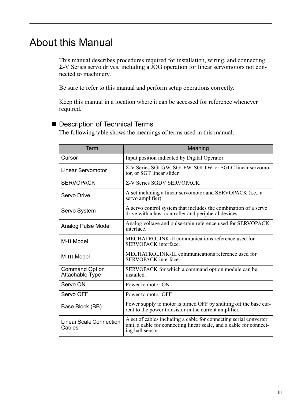 About this manual | Yaskawa Sigma-5 User Manual: Setup for Linear Motors User Manual | Page 3 / 175