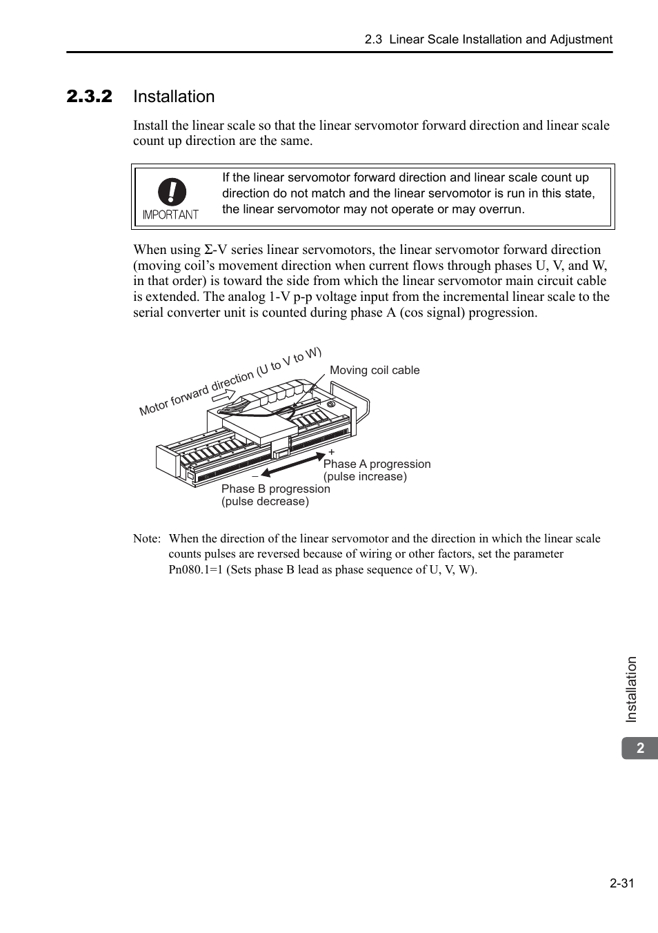 2 installation | Yaskawa Sigma-5 User Manual: Setup for Linear Motors User Manual | Page 53 / 175