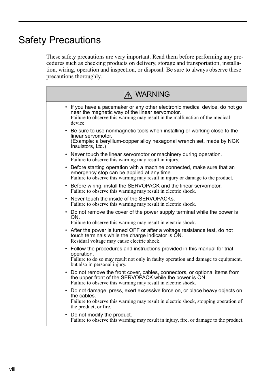 Safety precautions, Warning | Yaskawa Sigma-5 User Manual: Setup for Linear Motors User Manual | Page 8 / 175