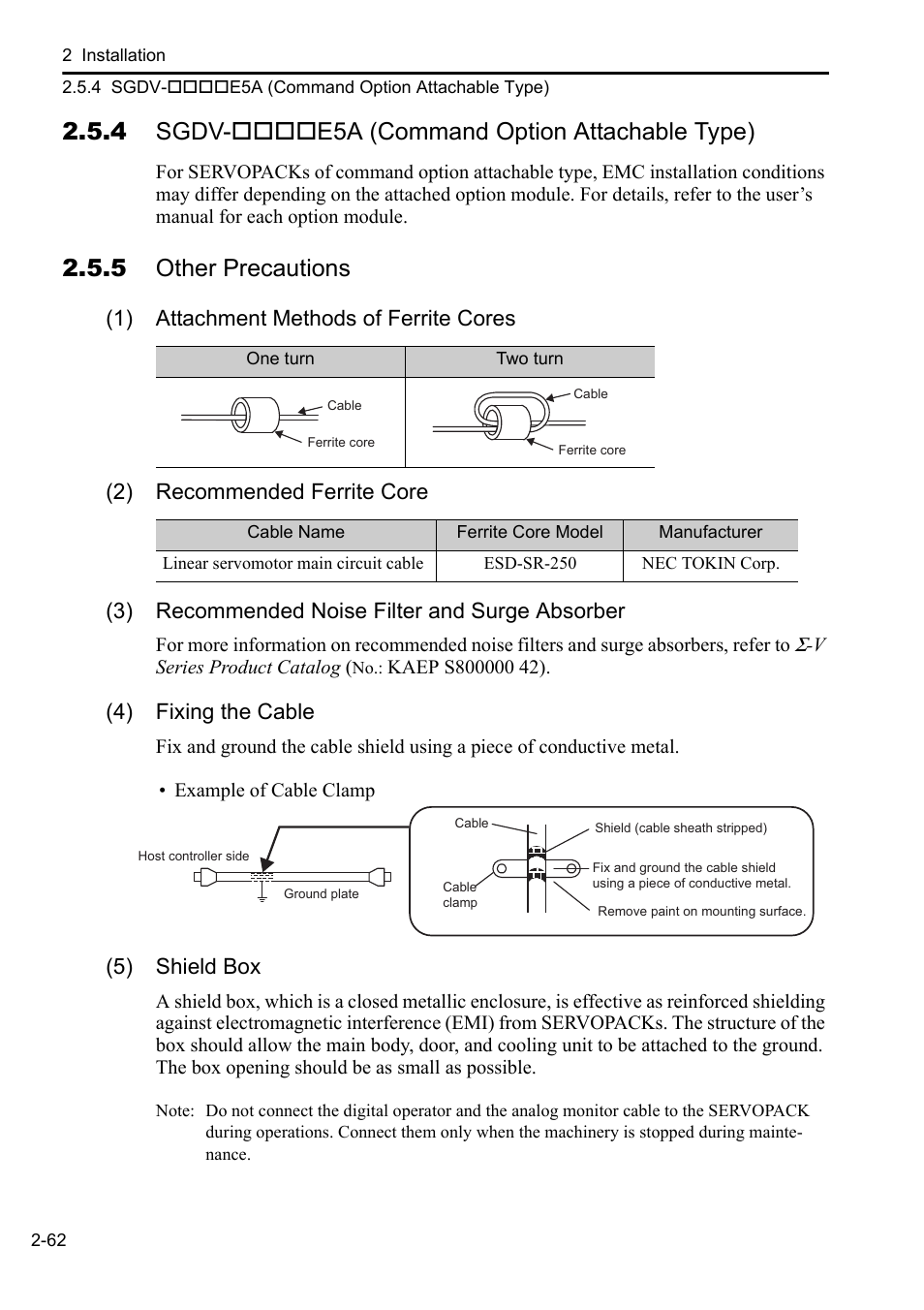 4 sgdv-****e5a (command option attachable type), 5 other precautions, 4 sgdv-e5a (command option attachable type) | 4) fixing the cable, 5) shield box | Yaskawa Sigma-5 User Manual: Setup for Linear Motors User Manual | Page 84 / 175