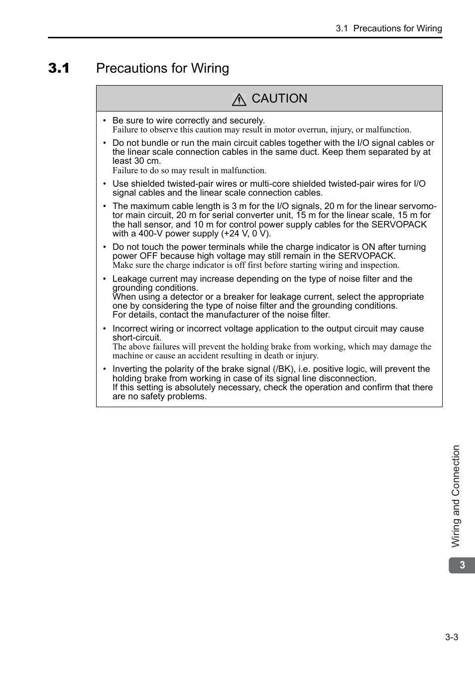 1 precautions for wiring, Caution | Yaskawa Sigma-5 User Manual: Setup for Linear Motors User Manual | Page 87 / 175