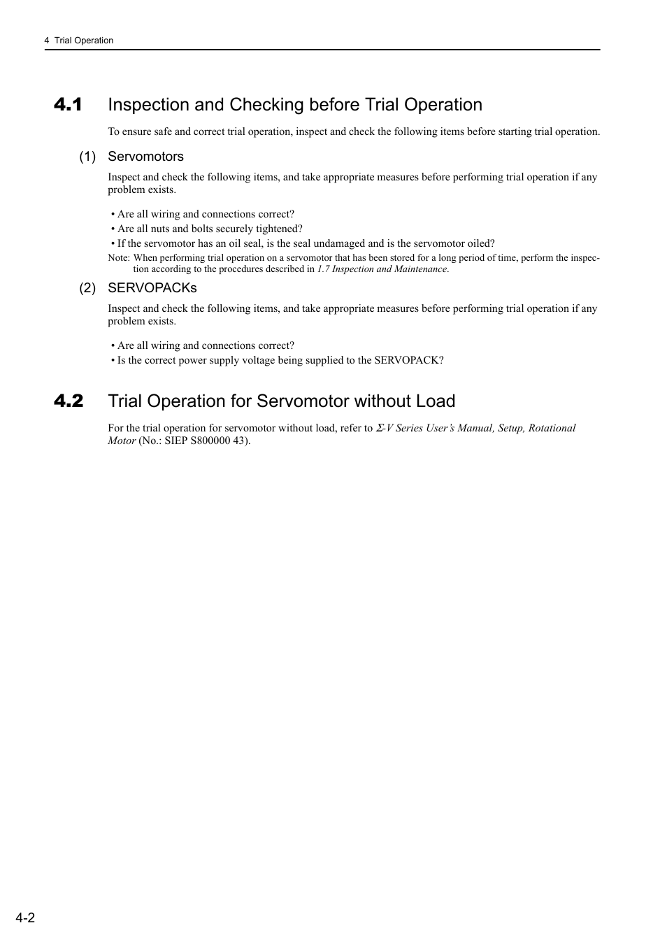 1 inspection and checking before trial operation, 2 trial operation for servomotor without load | Yaskawa Sigma-5 User Manual: Design and Maintenance - Rotary Motors - Analog Voltage and Pulse Train Reference User Manual | Page 100 / 423