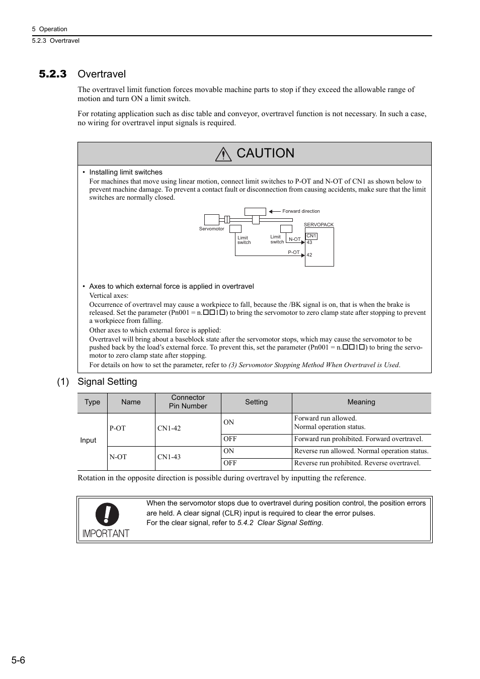 3 overtravel, Caution, 1) signal setting | Yaskawa Sigma-5 User Manual: Design and Maintenance - Rotary Motors - Analog Voltage and Pulse Train Reference User Manual | Page 120 / 423