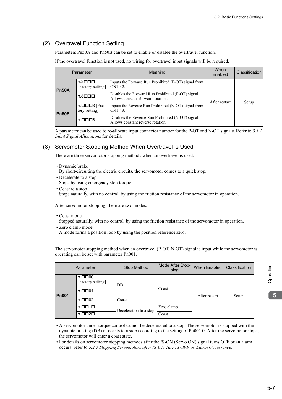 2) overtravel function setting | Yaskawa Sigma-5 User Manual: Design and Maintenance - Rotary Motors - Analog Voltage and Pulse Train Reference User Manual | Page 121 / 423