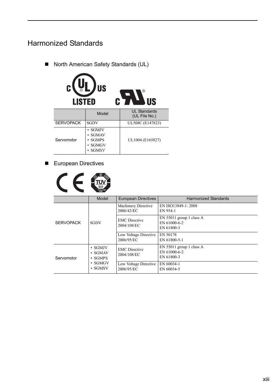 Harmonized standards, Xiii | Yaskawa Sigma-5 User Manual: Design and Maintenance - Rotary Motors - Analog Voltage and Pulse Train Reference User Manual | Page 13 / 423