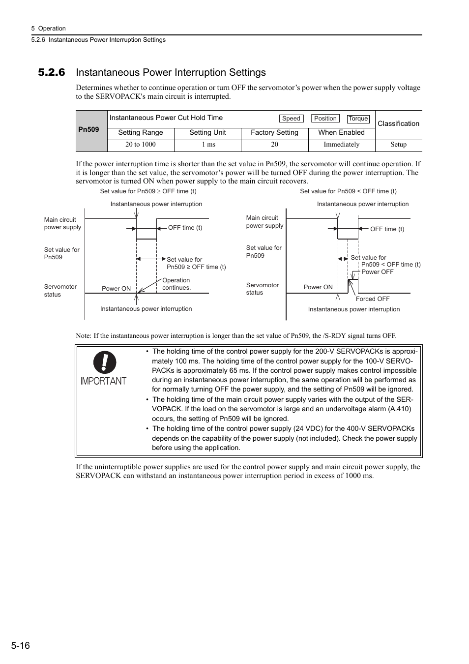 6 instantaneous power interruption settings | Yaskawa Sigma-5 User Manual: Design and Maintenance - Rotary Motors - Analog Voltage and Pulse Train Reference User Manual | Page 130 / 423