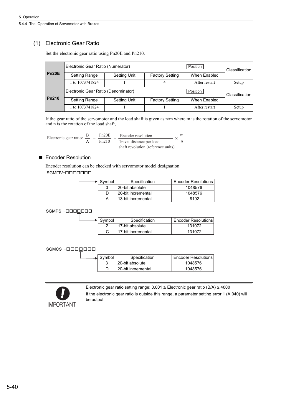 40 (1) electronic gear ratio, Rotation | Yaskawa Sigma-5 User Manual: Design and Maintenance - Rotary Motors - Analog Voltage and Pulse Train Reference User Manual | Page 154 / 423