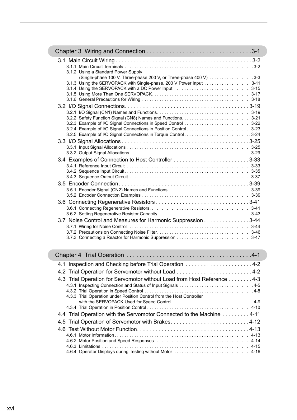 Xvi chapter 3 wiring and connection -1, Chapter 4 trial operation -1 | Yaskawa Sigma-5 User Manual: Design and Maintenance - Rotary Motors - Analog Voltage and Pulse Train Reference User Manual | Page 16 / 423