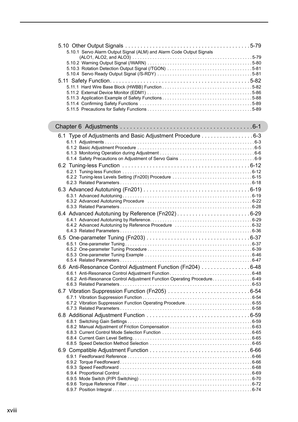 Xviii, Chapter 6 adjustments -1 | Yaskawa Sigma-5 User Manual: Design and Maintenance - Rotary Motors - Analog Voltage and Pulse Train Reference User Manual | Page 18 / 423