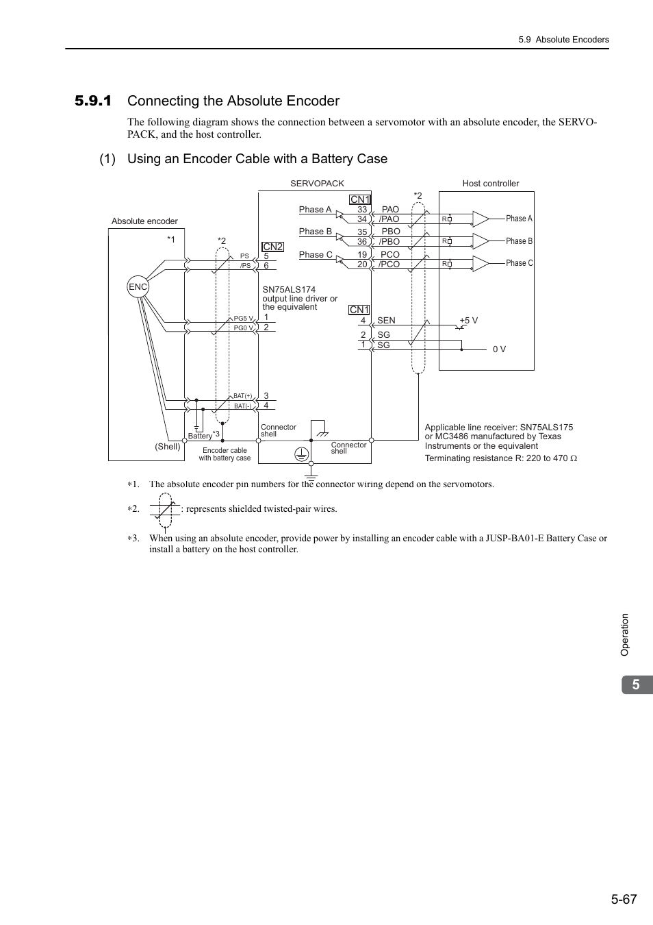 1 connecting the absolute encoder, 1) using an encoder cable with a battery case | Yaskawa Sigma-5 User Manual: Design and Maintenance - Rotary Motors - Analog Voltage and Pulse Train Reference User Manual | Page 181 / 423