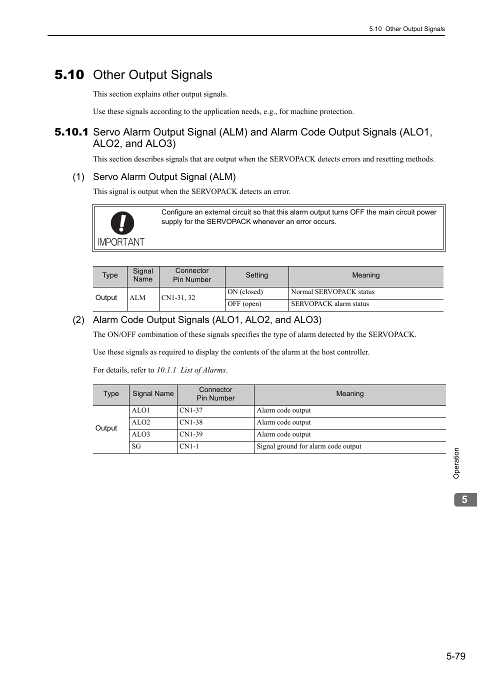 10 other output signals, 1) servo alarm output signal (alm) | Yaskawa Sigma-5 User Manual: Design and Maintenance - Rotary Motors - Analog Voltage and Pulse Train Reference User Manual | Page 193 / 423