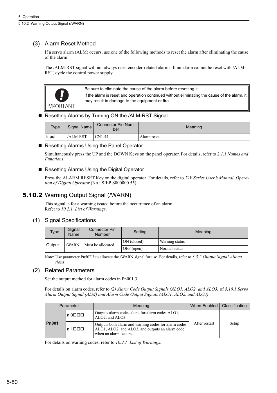 2 warning output signal (/warn), 80 (3) alarm reset method, 1) signal specifications | 2) related parameters | Yaskawa Sigma-5 User Manual: Design and Maintenance - Rotary Motors - Analog Voltage and Pulse Train Reference User Manual | Page 194 / 423