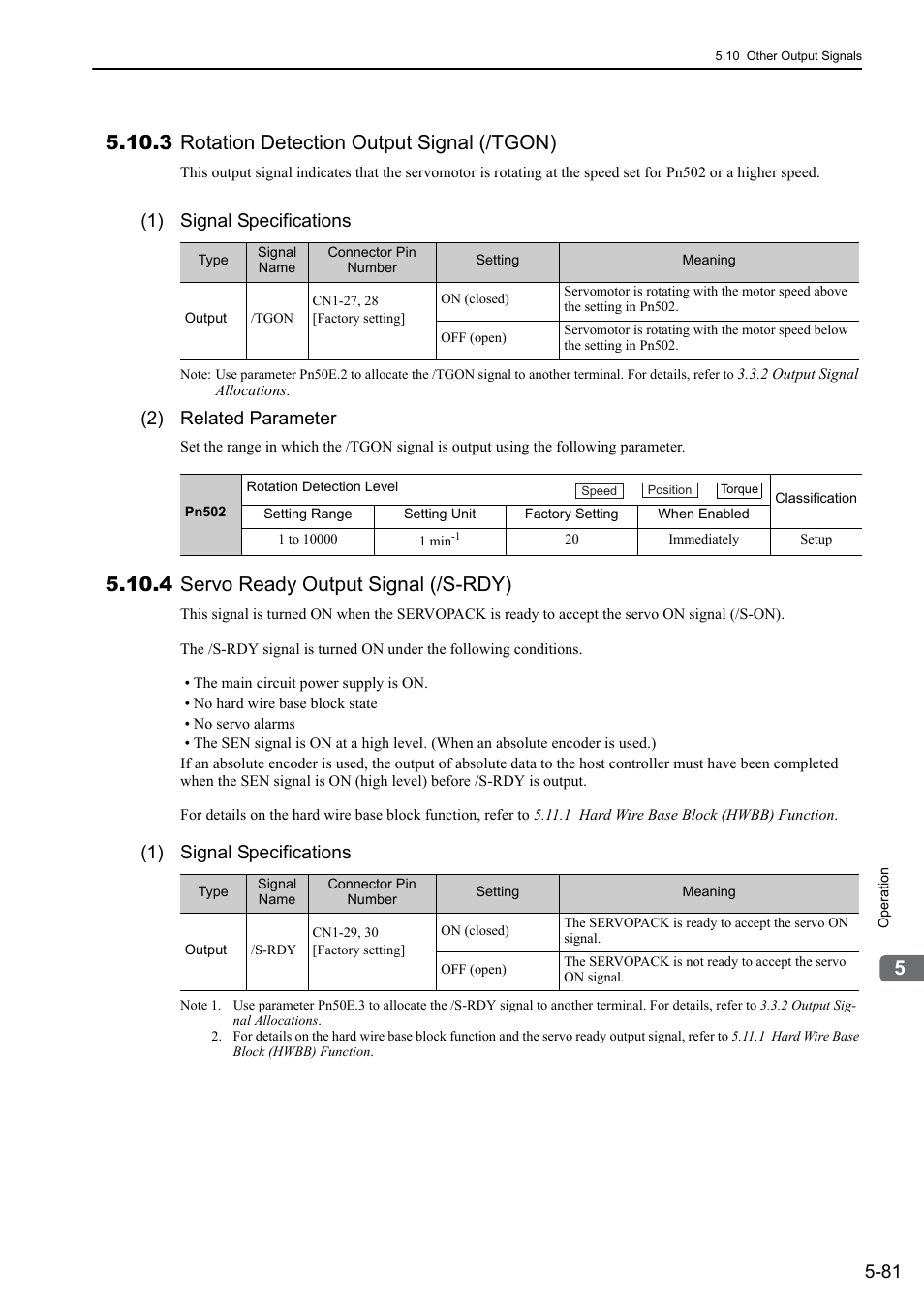 3 rotation detection output signal (/tgon), 4 servo ready output signal (/s-rdy), 1) signal specifications | 2) related parameter | Yaskawa Sigma-5 User Manual: Design and Maintenance - Rotary Motors - Analog Voltage and Pulse Train Reference User Manual | Page 195 / 423