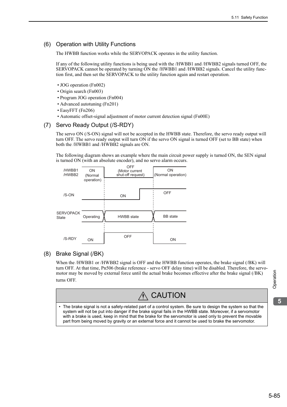 Caution, 6) operation with utility functions, 7) servo ready output (/s-rdy) | 8) brake signal (/bk), Analog | Yaskawa Sigma-5 User Manual: Design and Maintenance - Rotary Motors - Analog Voltage and Pulse Train Reference User Manual | Page 199 / 423