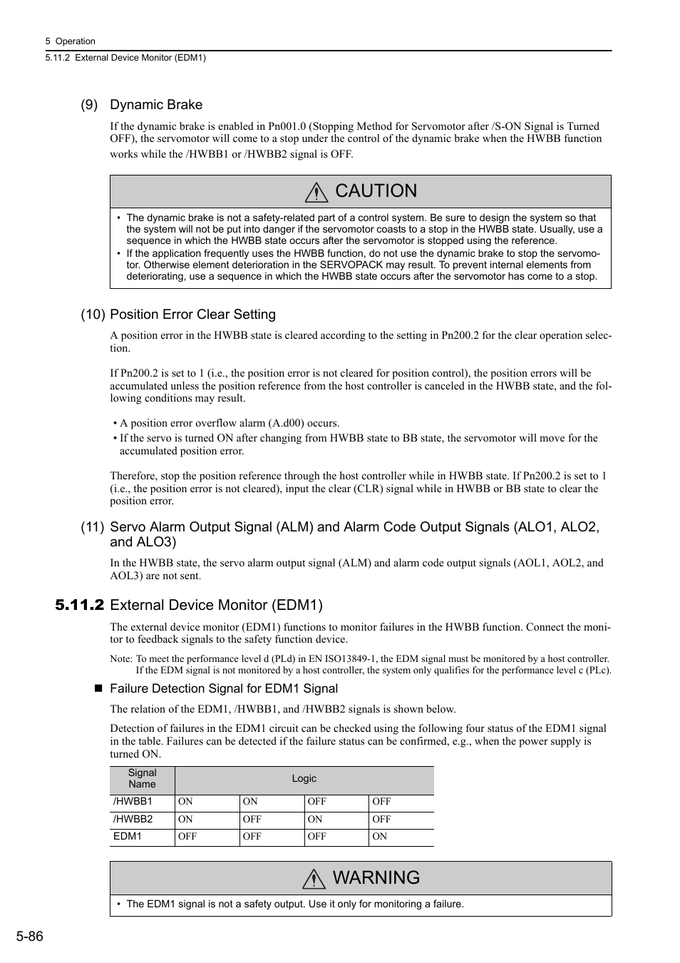 2 external device monitor (edm1), Caution, Warning | 86 (9) dynamic brake, 10) position error clear setting | Yaskawa Sigma-5 User Manual: Design and Maintenance - Rotary Motors - Analog Voltage and Pulse Train Reference User Manual | Page 200 / 423